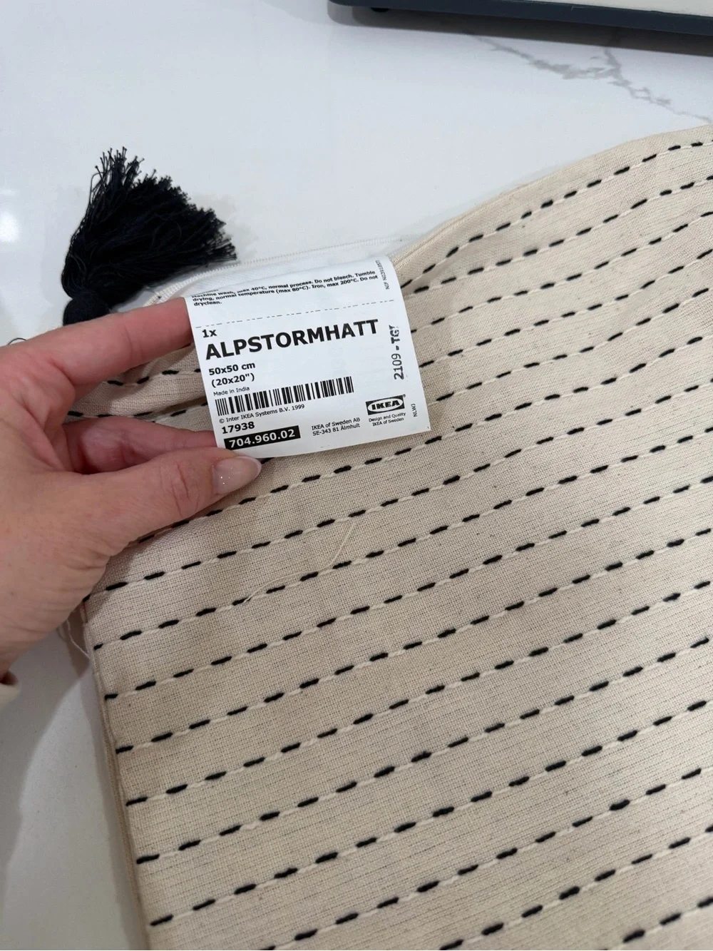 IKEA ALPSTORMHATT Accent Pillow Cover in Cream with Black Stitching